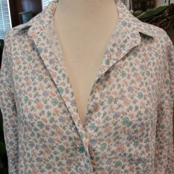 Grayson Anthropologie Linen Top Blue Floral Printer Cottage Core Beach P… - Picture 2 of 8